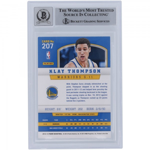 Klay Thompson Golden State Warriors Autographed 2012-13 Panini #207 Beckett Fanatics Witnessed Authenticated 10 Rookie Card