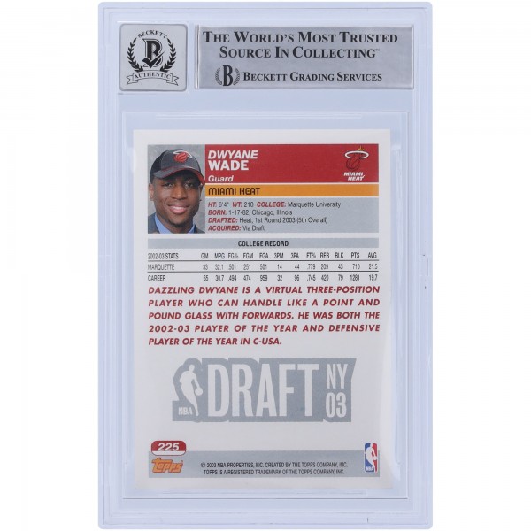 Autographed Miami Heat Dwyane Wade 2003-04 Topps #225 Beckett Fanatics Witnessed Authenticated 10 Rookie Card with NBA Debut 10-28-03 Inscription