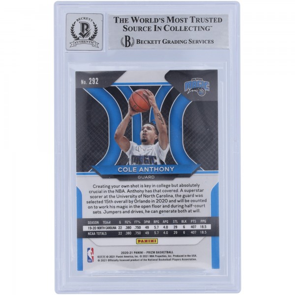 Cole Anthony Orlando Magic Autographed 2020-21 Panini Prizm #292 Beckett Fanatics Witnessed Authenticated 10 Rookie Card with Go Magic Inscription