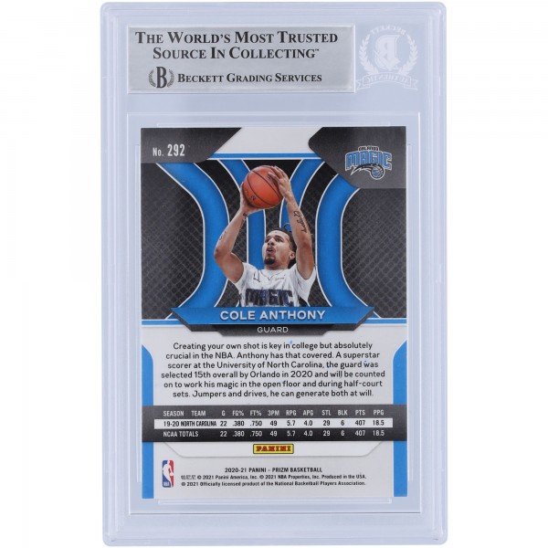 Cole Anthony Orlando Magic Autographed 2020-21 Panini Prizm #292 Beckett Fanatics Witnessed Authenticated Rookie Card with Go Magic Inscription