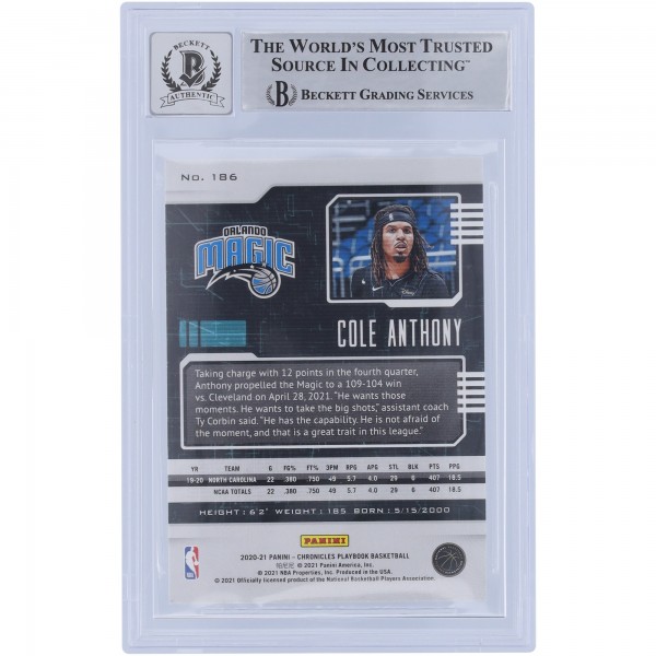 Cole Anthony Orlando Magic Autographed 2020-21 Panini Chronicles Playbook #186 Beckett Fanatics Witnessed Authenticated 10 Rookie Card with Go Magic Inscription