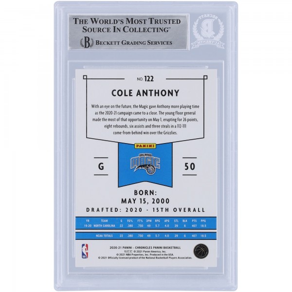 Cole Anthony Orlando Magic Autographed 2020-21 Panini Chronicles #122 Beckett Fanatics Witnessed Authenticated Rookie Card