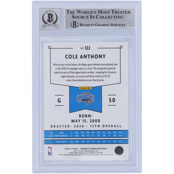 Cole Anthony Orlando Magic Autographed 2020-21 Panini Chronicles #122 Beckett Fanatics Witnessed Authenticated 10 Rookie Card