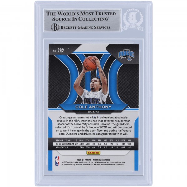 Cole Anthony Orlando Magic Autographed 2020-21 Panini Prizm #292 Beckett Fanatics Witnessed Authenticated Rookie Card