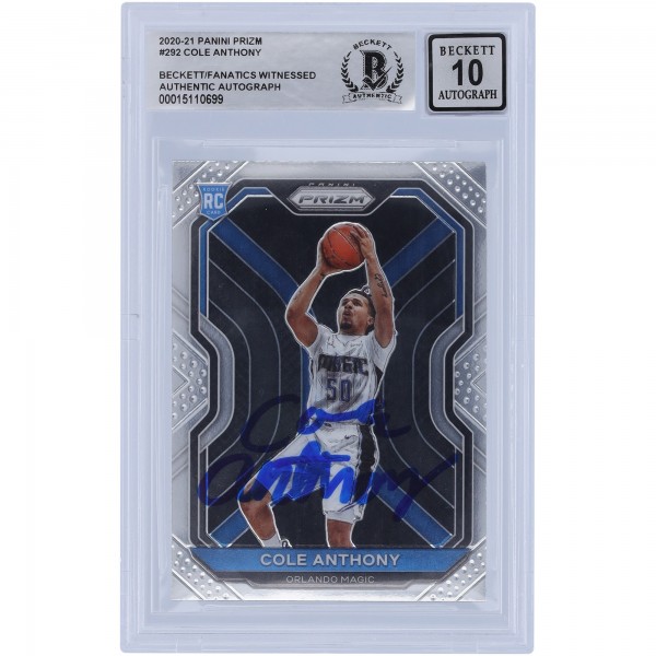 Cole Anthony Orlando Magic Autographed 2020-21 Panini Prizm #292 Beckett Fanatics Witnessed Authenticated 10 Rookie Card