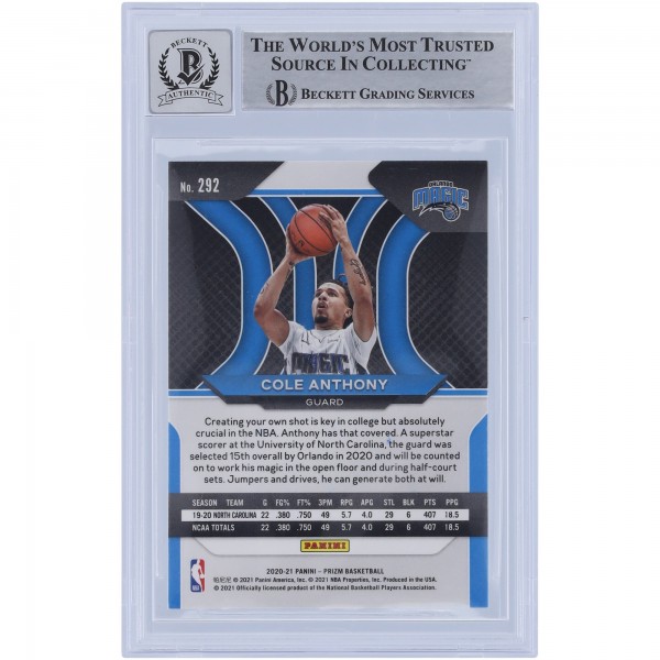 Cole Anthony Orlando Magic Autographed 2020-21 Panini Prizm #292 Beckett Fanatics Witnessed Authenticated 10 Rookie Card