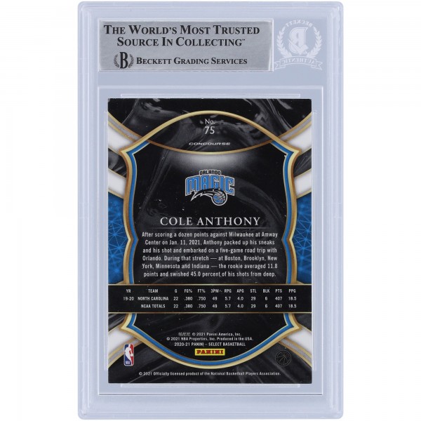 Cole Anthony Orlando Magic Autographed 2020-21 Panini Select #75 Beckett Fanatics Witnessed Authenticated Rookie Card