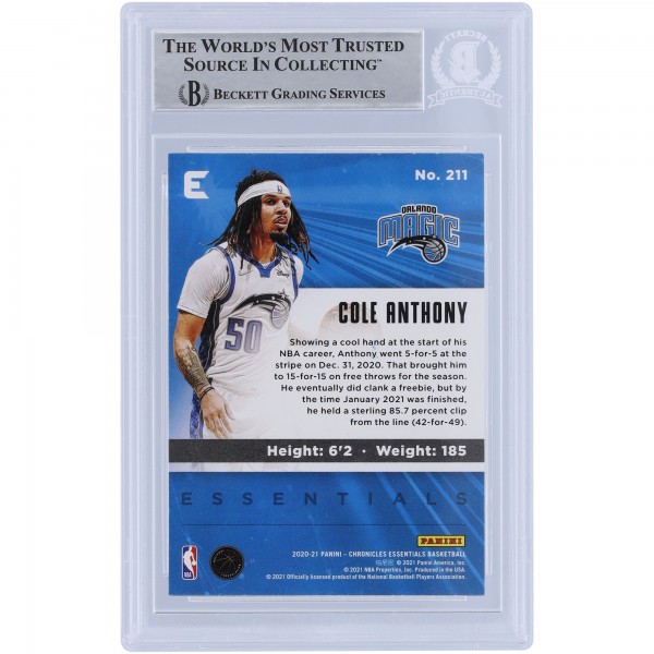 Cole Anthony Orlando Magic Autographed 2020-21 Panini Chronicles Essentials #211 Beckett Fanatics Witnessed Authenticated Rookie Card