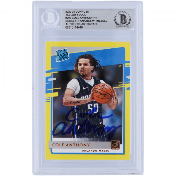 Cole Anthony Orlando Magic Autographed 2020-21 Panini Donruss Yellow Flood Variation #208 Beckett Fanatics Witnessed Authenticated Rookie Card