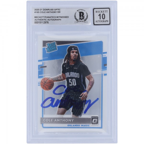 Cole Anthony Orlando Magic Autographed 2020-21 Panini Donruss Optic #165 Beckett Fanatics Witnessed Authenticated 10 Rookie Card