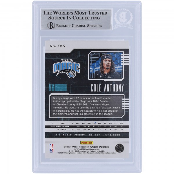Cole Anthony Orlando Magic Autographed 2020-21 Panini Chronicles Playbook #186 Beckett Fanatics Witnessed Authenticated Rookie Card