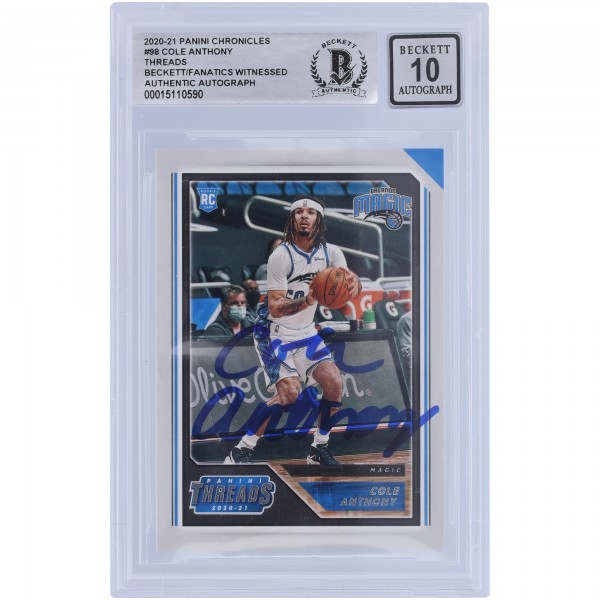 Cole Anthony Orlando Magic Autographed 2020-21 Panini Chronicles Threads #98 Beckett Fanatics Witnessed Authenticated 10 Rookie Card