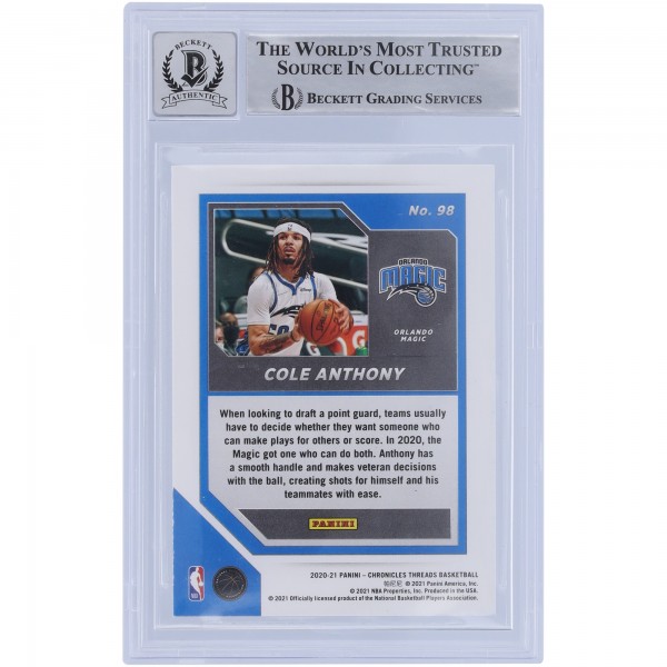 Cole Anthony Orlando Magic Autographed 2020-21 Panini Chronicles Threads #98 Beckett Fanatics Witnessed Authenticated 10 Rookie Card