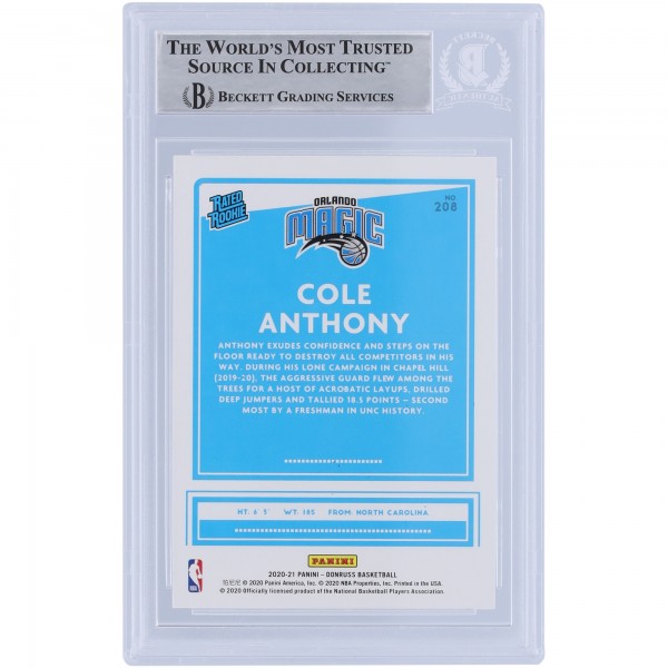 Cole Anthony Orlando Magic Autographed 2020-21 Panini Donruss Rated Rookie #208 Beckett Fanatics Witnessed Authenticated Rookie Card