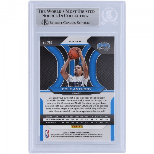 Cole Anthony Orlando Magic Autographed 2020-21 Panini Prizm Red White & Blue Prizm #292 Beckett Fanatics Witnessed Authenticated Rookie Card