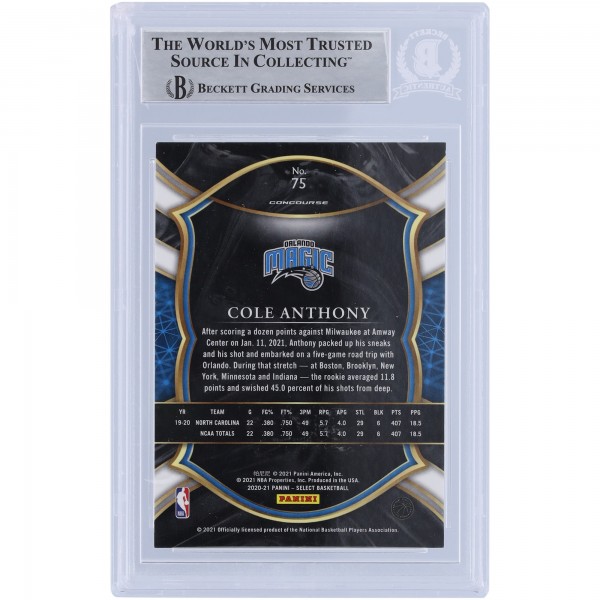 Cole Anthony Orlando Magic Autographed 2020-21 Panini Select Blue Retail Variation #75 Beckett Fanatics Witnessed Authenticated Rookie Card