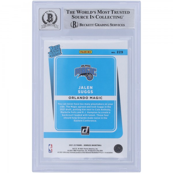 Jalen Suggs Orlando Magic Autographed 2021-22 Panini Donruss Rated Rookie #229 Beckett Fanatics Witnessed Authenticated 10 Rookie Card with 2021 #5 Pick Inscription