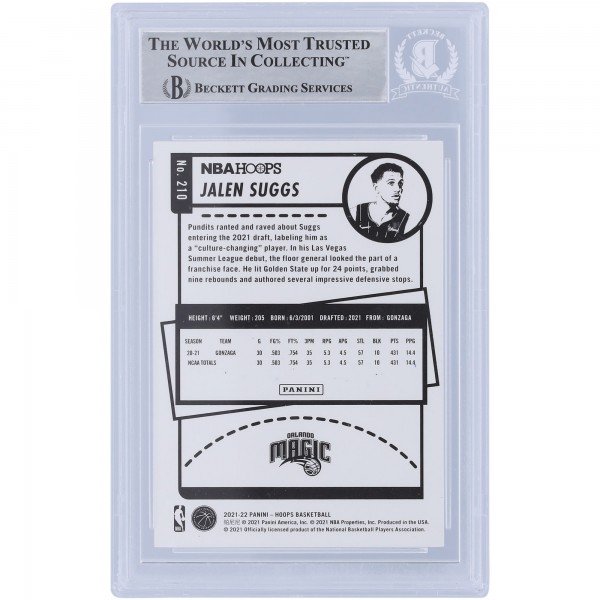 Jalen Suggs Orlando Magic Autographed 2021-22 Panini NBA Hoops #210 Beckett Fanatics Witnessed Authenticated Rookie Card with 2021 #5 Pick Inscription