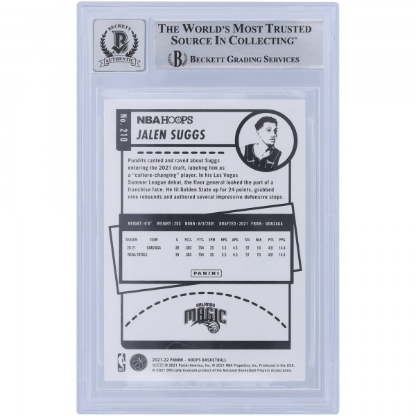 Jalen Suggs Orlando Magic Autographed 2021-22 Panini NBA Hoops #210 Beckett Fanatics Witnessed Authenticated 10 Rookie Card with 2021 #5 Pick Inscription