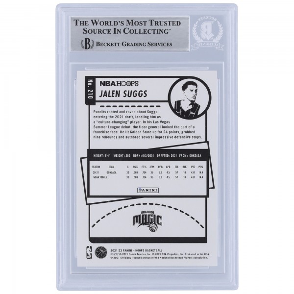 Jalen Suggs Orlando Magic Autographed 2021-22 Panini NBA Hoops #210 Beckett Fanatics Witnessed Authenticated Rookie Card