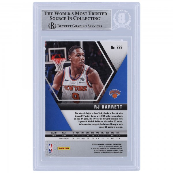 RJ Barrett New York Knicks Autographed 2019-20 Panini Mosaic #229 Beckett Fanatics Witnessed Authenticated Rookie Card