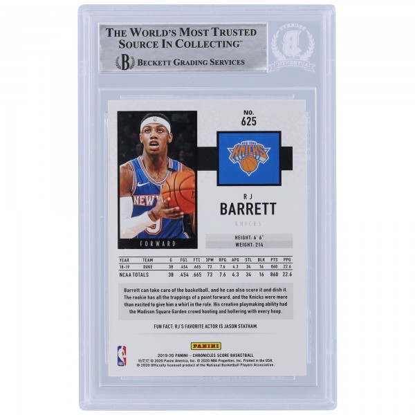 RJ Barrett New York Knicks Autographed 2019-20 Panini Score #625 Beckett Fanatics Witnessed Authenticated Rookie Card