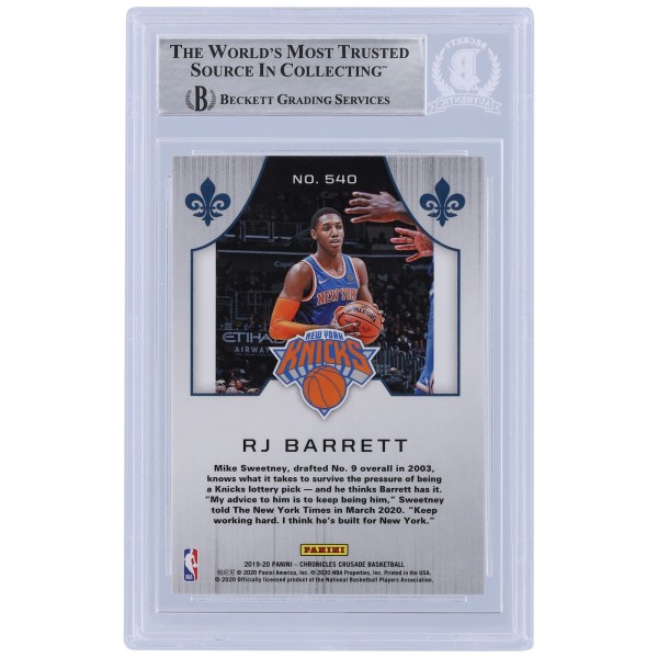RJ Barrett New York Knicks Autographed 2019-20 Panini Chronicles Crusade #540 Beckett Fanatics Witnessed Authenticated Rookie Card