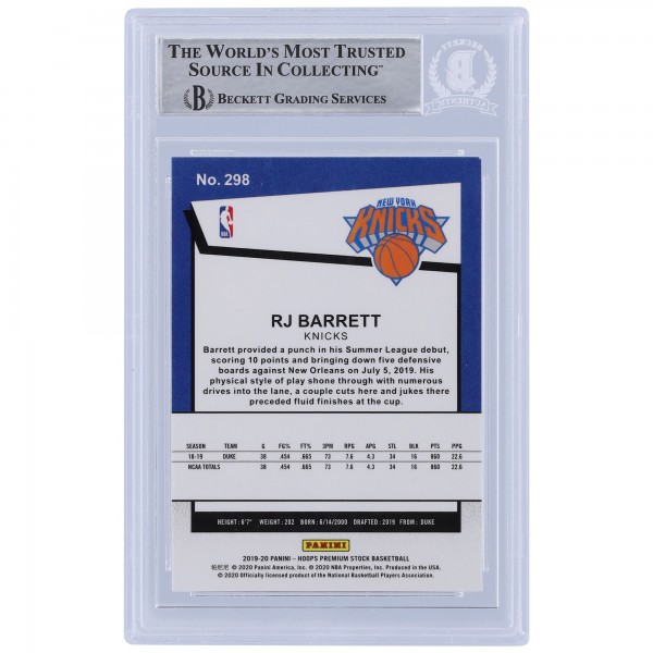 RJ Barrett New York Knicks Autographed 2019-20 Panini Hoops Premium Stock #298 Beckett Fanatics Witnessed Authenticated Rookie Card