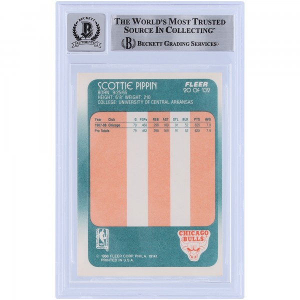 Scottie Pippen Chicago Bulls Autographed 1988-89 Fleer #20 Beckett Fanatics Witnessed Authenticated 10 Rookie Card with HOF 10 Inscription